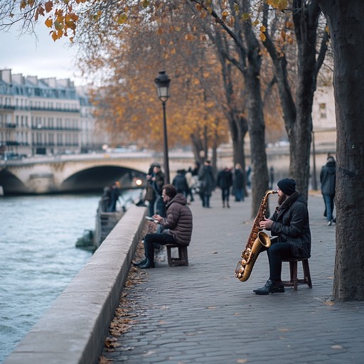 Deep into the heart of paris, a solitary saxophonist plays by the lamplit riverside, crafting a soundtrack for lovers and dreamers alike, enriching the timeless charm of the city with each note.