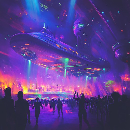 Imagine a dancefloor on a spaceship cruising through hyperspace. The throbbing basslines guide dancers into a euphoric trance, while sparkling synths and celestial soundscapes paint a neon lit journey through galaxies. This track embodies the fusion of human and otherworldly elements, making it a perfect anthem for a night out in a sci fi future world.