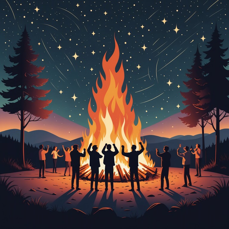 This instrumental track features an exhilarating stomp rhythm combined with upbeat melodies, perfectly capturing the essence of a joyous outdoor gathering under a starlit sky. The music is composed to lift spirits and energize listeners, making it ideal for celebrations or happy gatherings.