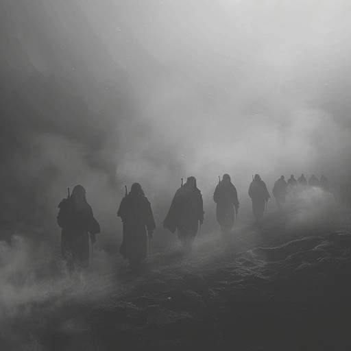 A mysterious and tense military march capturing the eerie essence of a shadowed regiment, utilizing snare drums and ethereal sounds to invoke the mysteries and suspense of a hidden military history. This composition explores the dark, unknown territories of forgotten wars.