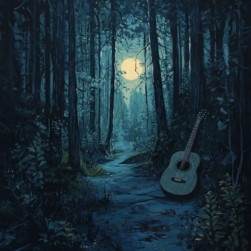 An introspective journey through a mystical forest, featuring delicate acoustic guitar plucking with ethereal sounds from nature blending in. The interplay between the instrument and the environment creates an otherworldly yet comforting experience, reflective and mystical.