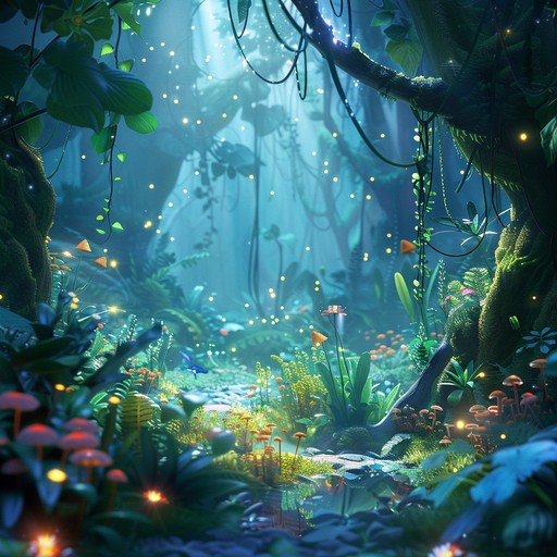 Visualize an enchanting symphony within a dreamy garden, narrated by electric guitar and whimsical keyboard melodies. The music swings between gentle, dreamy interludes and stirring, vibrant peaks, embodying the magic and wonder of nature in motion.