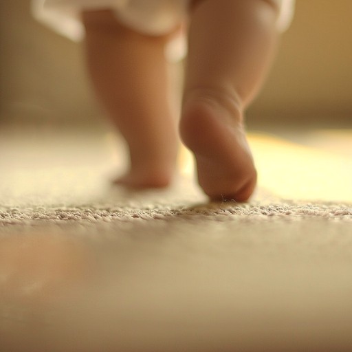 Imagine a delightful nursery rhyme capturing the innocent and curious steps of toddlers exploring the world around them on their tiptoes. The song evokes the imagery of tiny feet moving playfully, discovering new textures and sounds, with every gentle piano note played in a lighthearted and cheerful rhythm.