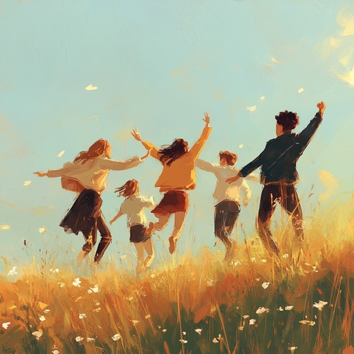 Capture the heartwarming essence of teenage friends meeting in a bright summer meadow, with gentle, calming melodies intertwining with soft, cheerful undertones. The music should evoke feelings of nostalgia, warmth, and innocent joy, making listeners reminisce about carefree days spent with loved ones.