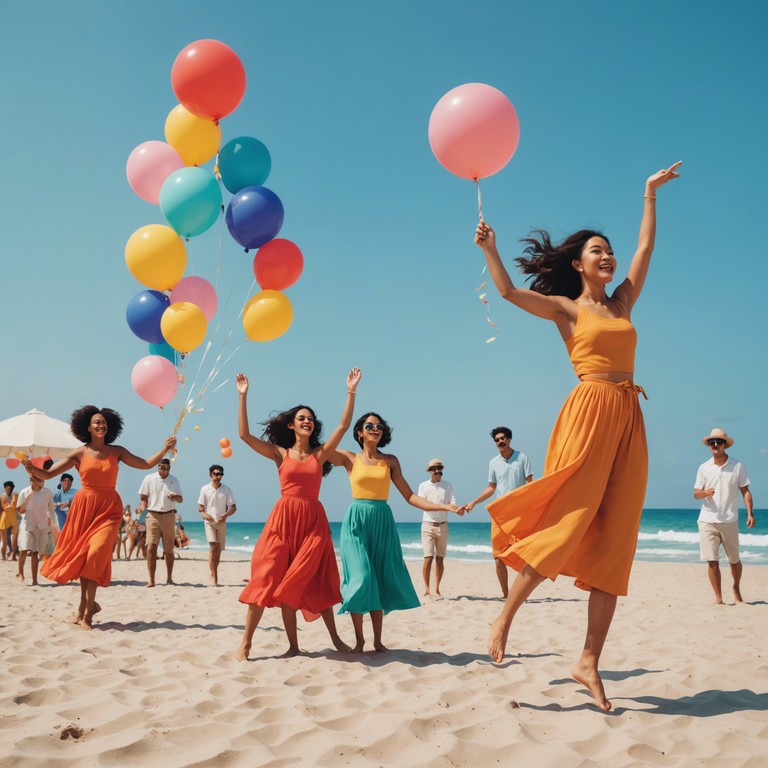 Imagine yourself at a vibrant beach party, where the rhythm of drums sets the tone for an unforgettable dance under the clear blue skies.