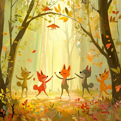 Enjoy a bright and energetic nursery rhyme capturing the essence of forest animals in a joyful dance. Their whimsical movements and cheerful spirits are perfectly encapsulated in lively, melodic tones.