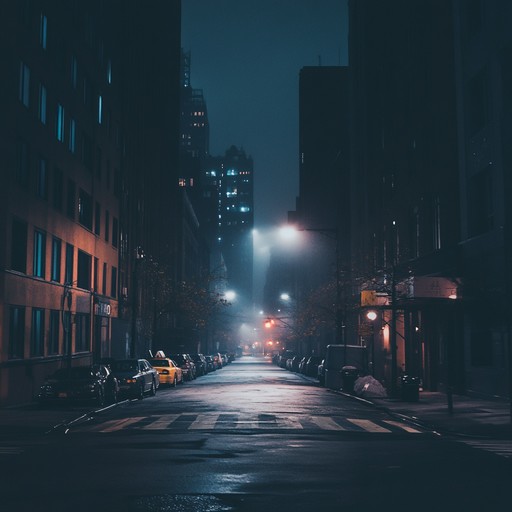 An instrumental hip hop track featuring a haunting melody over deep bass and slow beats, evoking the tension of navigating through empty alleyways at night in the city.