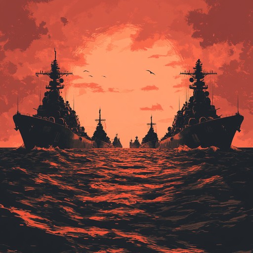 An intense orchestral piece evoking the formidable might of the russian navy, featuring bold brass sections and driving rhythms portraying battleships advancing toward conflict.