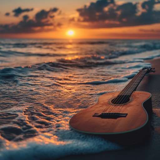 Visualize a serene seaside scene where the gentle strumming of an acoustic guitar brings forth memories that stir deep emotions of longing and wistfulness. The soothing music captures the essence of a heartfelt goodbye or a time cherished, now gone but never forgotten.