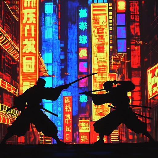 A high energy instrumental depicting an intense street fight in a futuristic cityscape. Fast paced electronic beats combined with gritty guitar riffs create a sense of urgency and tension. The piece evolves with layers of synthesized textures to illustrate the chaos and dynamic shifts of the battle.