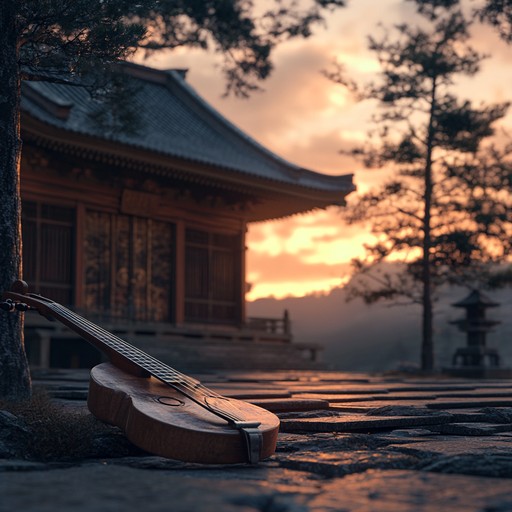 In this serene composition, a solo shamisen intricately weaves through melodies that evoke the peaceful ambience of kyoto during twilight. Echoes of traditional japanese music are blended subtly with elements of ambient soundscapes, creating a feeling of timelessness and introspection. The plucks of the shamisen resonate as gentle reminders of the city's historic past mixing with its present.