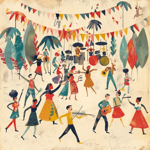 A sunny street festival with vibrant colors and cheerful faces. This instrumental track is filled with lively rhythms and melodies, creating a danceable and energetic atmosphere perfect for any joyful celebration.