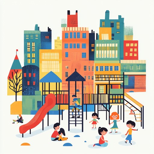 An energetic instrumental capturing the excitement of children playing and exploring in a bustling city playground, blending urban rhythms with playful melodies to evoke joy and adventure.