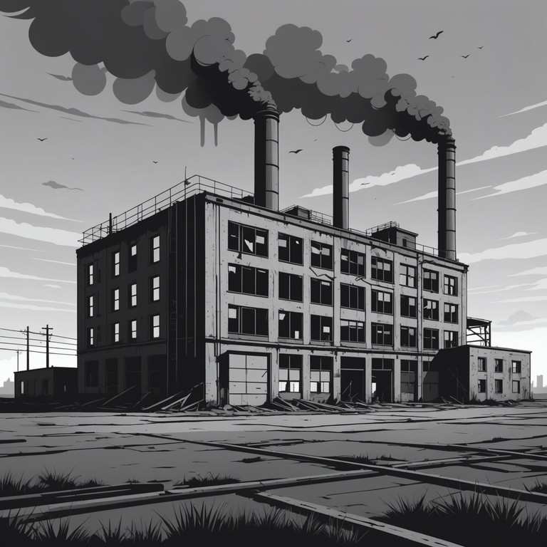 In a haunting composition, somber melodies resonate with heavy atmospheric elements through the clanging of metallic instruments in an auditory depiction of a desolate industrial landscape. This track merges the starkness of industrial environments with the deep emotions associated with solitude and reflection, featuring a prominent electric guitar that governs the soundscape, weaving through the dense drone of underlying synth pads.