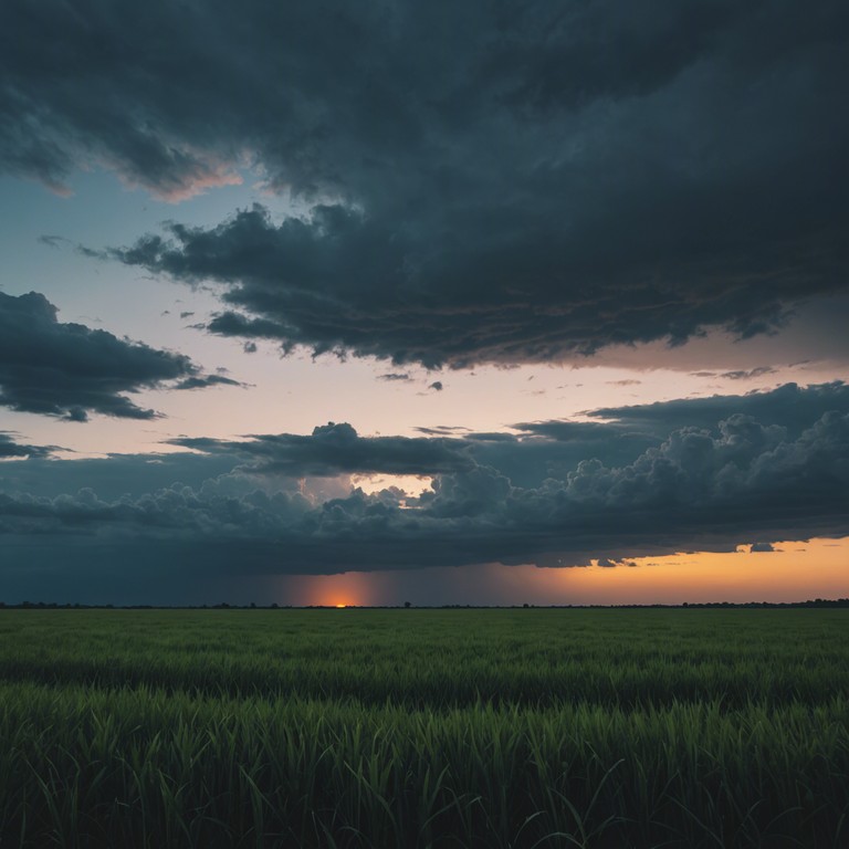 This alternative version maintains the gentle plucking of an acoustic guitar, overlaying soft wind sounds, enhancing the feeling of solitude as the day ends under a vast sky.