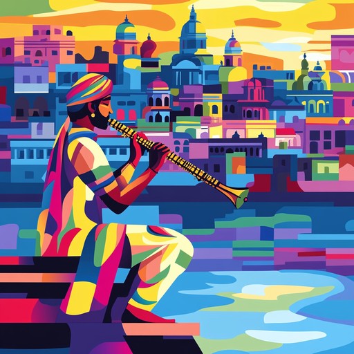 An energetic composition blending traditional hindustani classical elements with modern flair, featuring vibrant rhythms and intricate melodies that evoke the bustling life along the ganges river.