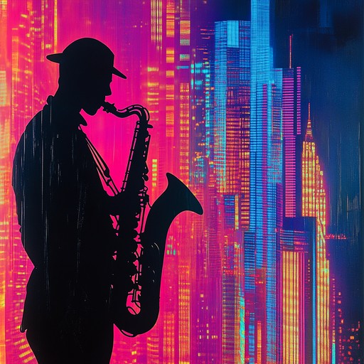 An instrumental track blending gritty jazz saxophone melodies with driving house beats, creating an energetic and mysterious atmosphere reminiscent of neon lit city nights