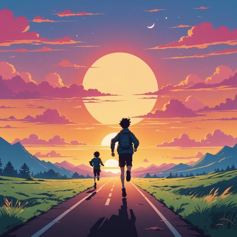 Imagine a high octane scene in a beloved anime where the protagonist dashes across vibrant landscapes, facing challenges with unyielding courage. The music captures the spirit of adventure with rich orchestral layers, bringing to life each step of the hero's journey. It accentuates every emotional peak and builds tension through its crescendos, creating an unforgettable auditory adventure