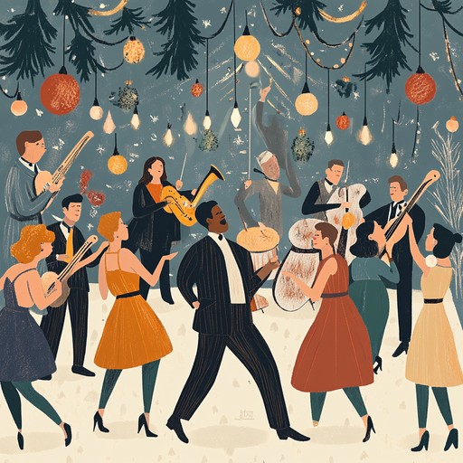 Capture the essence of a joyful holiday gathering with a lively, nostalgic swing track reminiscent of the 1940s. Picture jazzy brass sections, rhythmic piano, and lively drum beats, evoking classic festive parties full of energy and cheer.