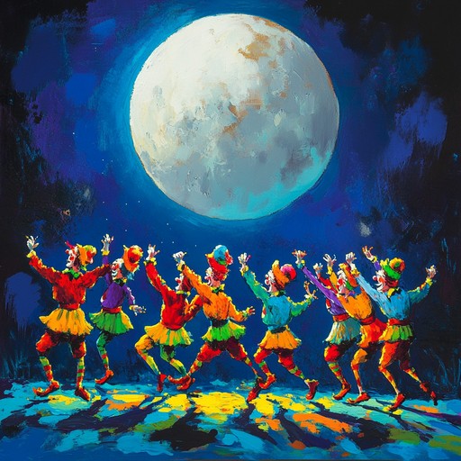 Imagine a whimsical scene where colorful clowns perform a humorously choreographed dance under the glow of a bright moonlit night. The melody playfully intertwines elements of comic timing with unexpected instrumental splashes, creating a laughing atmosphere that keeps listeners smiling.