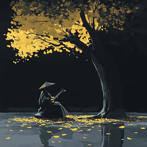 A shamisen player sits under a ginkgo tree beside a silent, ancient temple in kyoto. The melody is soft and slow, encouraging deep reflection and a feeling of being lost in a timeless era, under shimmering starlight. The music merges the tales of old with the whispers of the night.