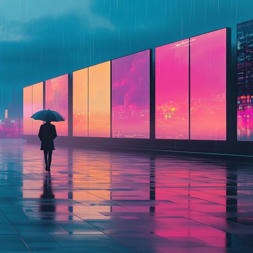 An instrumental track featuring shimmering synth melodies layered over ambient sounds of a rain soaked city at night, evoking feelings of nostalgia and wonder in a futuristic urban setting.