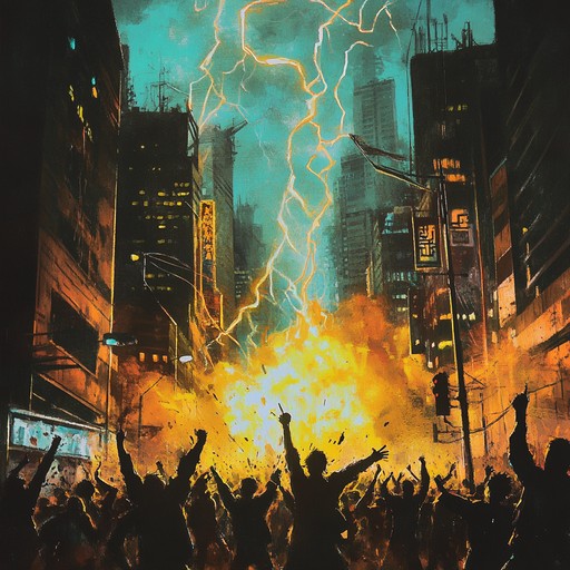 An explosive blend of grungy electric guitar riffs, forceful bass, and relentless drums creates an electrifying atmosphere of rebellion in a bustling, dystopian cityscape. This energetic rock track captures the essence of resistance, disillusionment, and empowerment, perfect for setting an intense, high energy mood.