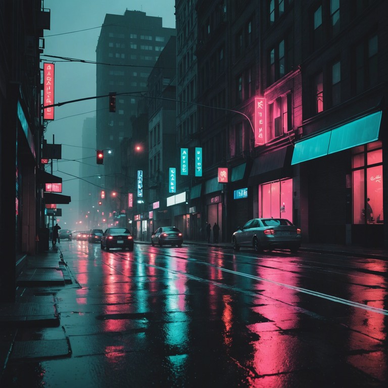 An instrumental blend where sinister meets style, featuring a haunting synthesizer echoing through a glam infused city under twilight. The eerie ambiance is complemented by a touch of decadence and drama, perfect for a night time cyberpunk adventure.