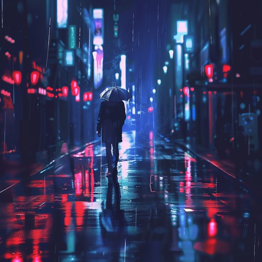 A somber yet compelling soundscape featuring brooding synths, glitch beats, and atmospheric pads, painting a picture of a secluded soul wandering through rain soaked streets bathed in neon lights, reflecting on a lost past within a cybernetic future.