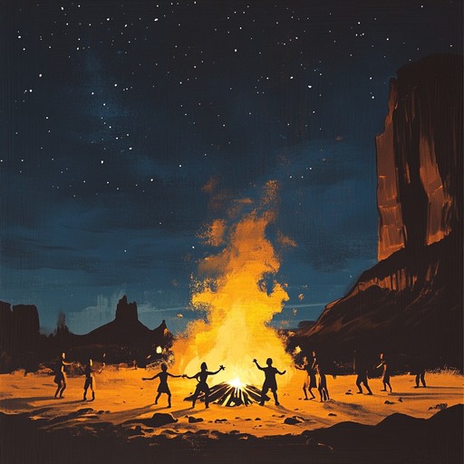 A lively instrumental piece featuring dynamic tribal rhythms and percussive melodies that transport listeners to a moonlit desert gathering around the fire