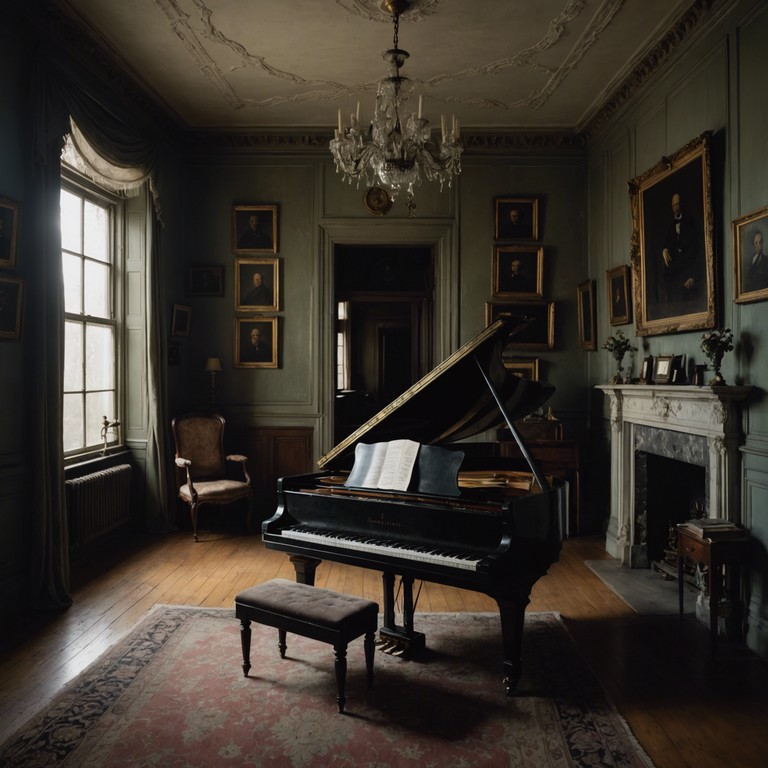 In a dimly lit room, the grand piano's keys move almost imperceptibly, emitting a cascade of eerie notes that reverberate into a chilling silence. The unsettling calmness paints a ghost like ambience, perfect for a mysterious late night gathering in an abandoned victorian parlor.