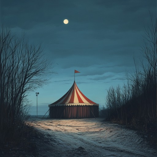 Under the eerie glow of moonlight on an abandoned circus grounds, distant echoes of laughter and spectral music play tricks on the mind, intensifying the disquieting feeling of being watched from the shadows.