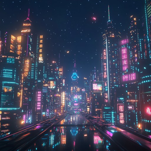 An invigorating composition combining retro synthwave elements with cheerful cyberpunk vibes, creating a lively soundtrack for a futuristic joyride amidst neon lights.