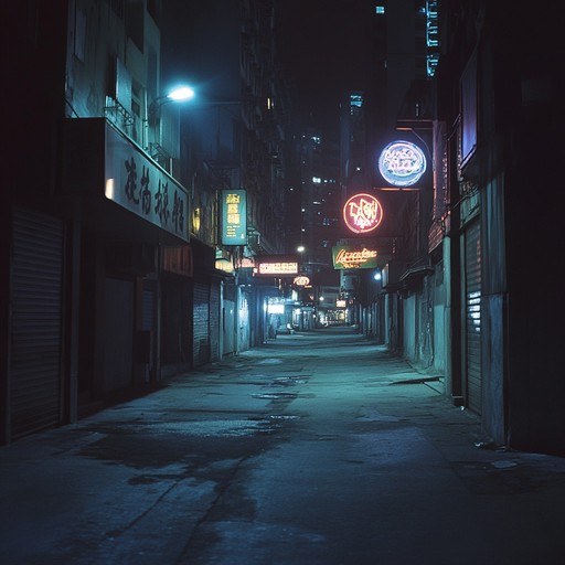 An eerie instrumental track featuring haunting synthesizers and pulsing basslines that evoke the unsettling atmosphere of empty city streets bathed in neon light during the 1980s.