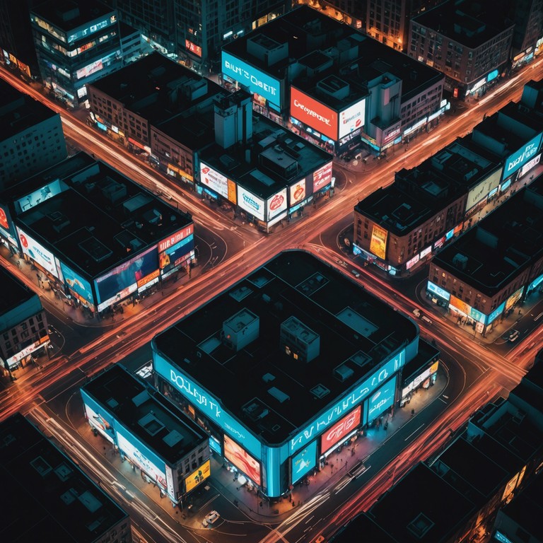 The alternative version of 'rush of neon lights,' termed 'city pulse adventure,' integrates slightly altered beat structures to emphasize the chaotic, yet rhythmic heartbeat of the city. This version dives deeper into the synthetic textures, adding more layered effects to represent the multi faceted urban environment.