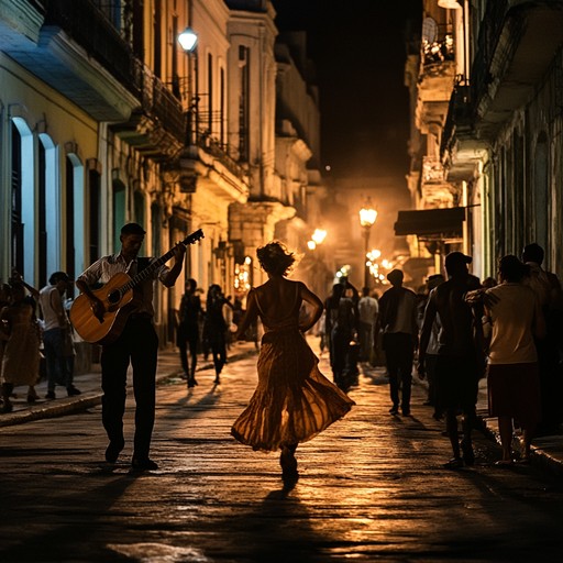 An uplifting instrumental rumba piece that captures the vibrant energy of havana's streets at night, where dancers move to the rhythmic beats of congas and guitars under the warm glow of streetlights
