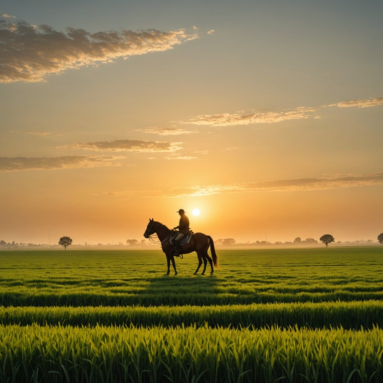This track captures the essence of a bright, early morning horseback ride through sprawling, sun kissed fields. The music combines lively country rhythms with the inspiring natural sounds of a rural dawn, highlighted by the twang of a banjo that carries the melody forward with infectious energy.