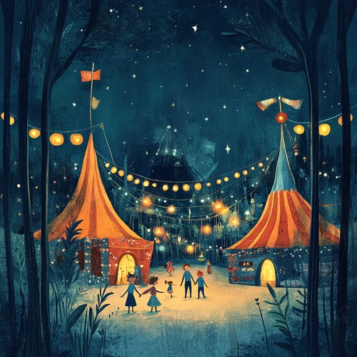 An orchestral instrumental piece that captures the excitement and mystery of a magical circus appearing at midnight, taking children on a journey filled with wonder, suspense, and dramatic twists as they explore the enchanting performances and hidden secrets of this mystical place.