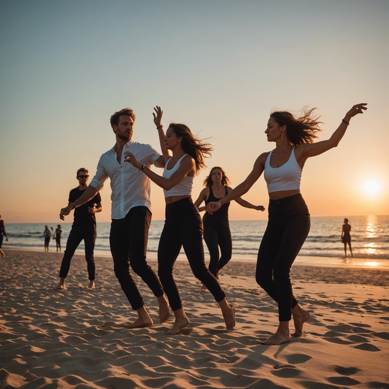 Immerse in an upbeat celebration where traditional cuban rumba meets the modern fervor of dance, creating an irresistible call to the dance floor as the backdrop of a setting sun adds to the mood.