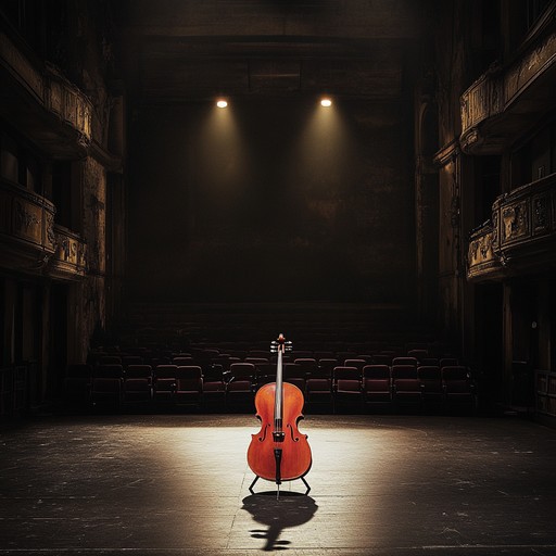 An instrumental broadway composition featuring a haunting cello melody that encapsulates the sorrow and nostalgia of a performer reminiscing in an empty theatre, blending rich orchestration with minimalistic passages to evoke deep melancholy.