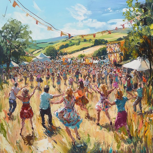 An enchanting blend of traditional melodies and upbeat rhythms representing the jovial spirit of village celebrations, driven by vibrant fiddle play. The instrumental track invokes scenes of lively communal dances on a sunlit village green, full of joy and togetherness.