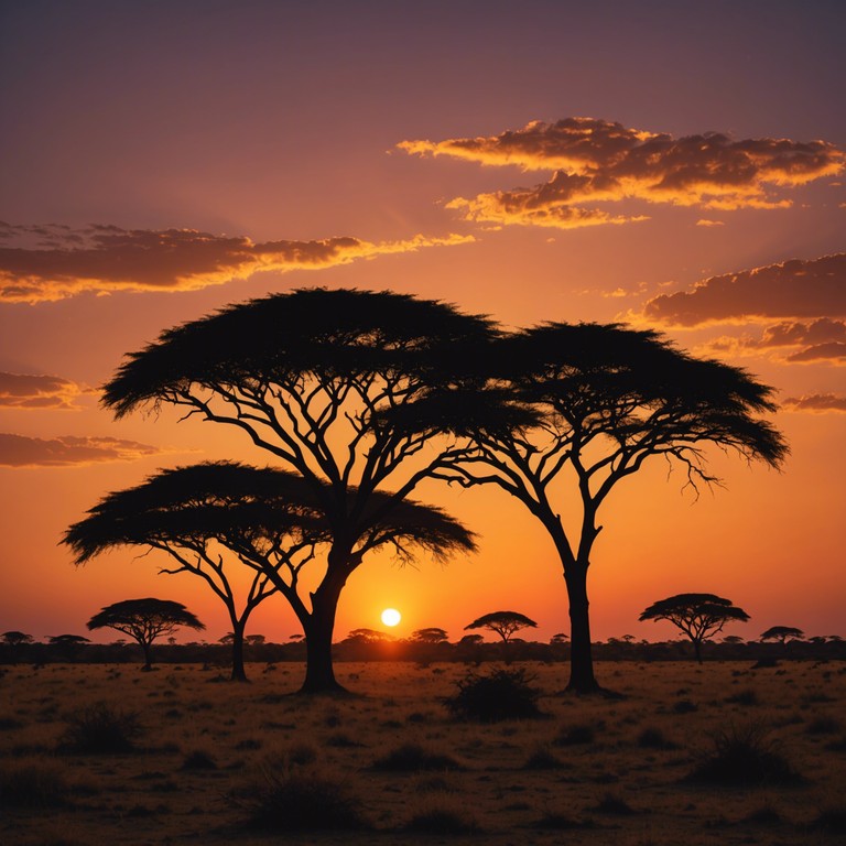 This instrumental piece evokes the serenity and vastness of the african savannah at sunset, with gentle, rhythmic melodies that mimic the peaceful migration of wildlife across the landscape. The song features an intricate blend of traditional african sounds with a modern, slow tempo relaxational twist, aiming to transport the listener to a tranquil evening under the wide, open skies.