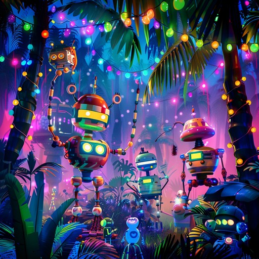 A high energy fusion of electronic synth beats, jungle rhythms, and carnival sounds, creating a unique and playful atmosphere that's perfect for an adventurous dance party.