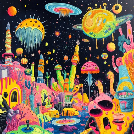 Imagine stepping into an intergalactic circus where the performers are extraterrestrial acrobats and the audience is filled with vibrant aliens. The track begins with electronic sound effects and synthesized blips, setting a surreal tone. Layered over this, a frenzied marimba melody drives the piece, interspersed with intense percussion rhythms that mimic the chaos of a bustling space carnival. Melodies weave in and out, creating a sense of dizzying fun and adventure. The use of theremin adds an eerie, otherworldly quality to the composition, immersing the listener in a whimsical yet intense auditory experience.