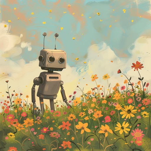 Quirky electronic melodies and serene beats illustrate a robot’s peaceful stroll on a sunny day, blending relaxation with playful charm.