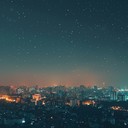 calm, reflective urban nightscape with gentle electronic hues