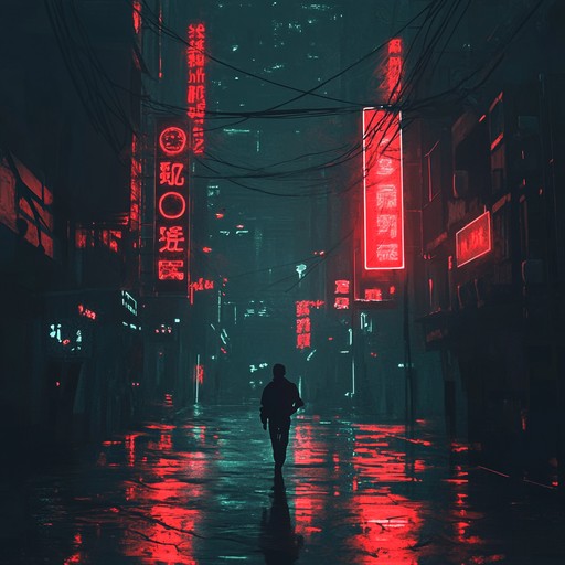 A haunting instrumental synthwave composition that conveys feelings of urban anxiety and tension through pulsing synthesizers, driving beats, and atmospheric textures