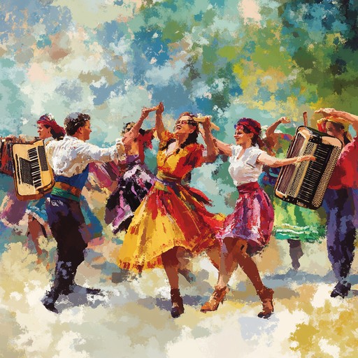 An invigorating instrumental chalga track capturing the essence of balkan gypsy dance, featuring rapid accordion melodies, dynamic rhythmic shifts, and percussive vigor, perfect for enlivening celebrations and festive gatherings