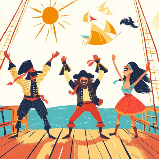 A lively and playful cinematic score that takes listeners on a fanciful pirate adventure. This upbeat soundtrack blends whimsical accordion melodies with dynamic rhythms, setting the scene for an exuberant treasure hunt on the high seas.