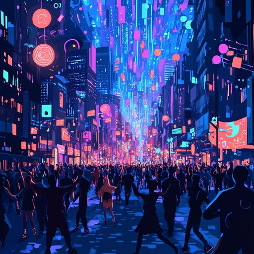 An upbeat techno track featuring sparkling synthesizer melodies over a pulsating rhythm, creating an atmosphere of joy and excitement. The music transports listeners to a vibrant digital world where neon lights flash and euphoria fills the air, inspiring dance and celebration.